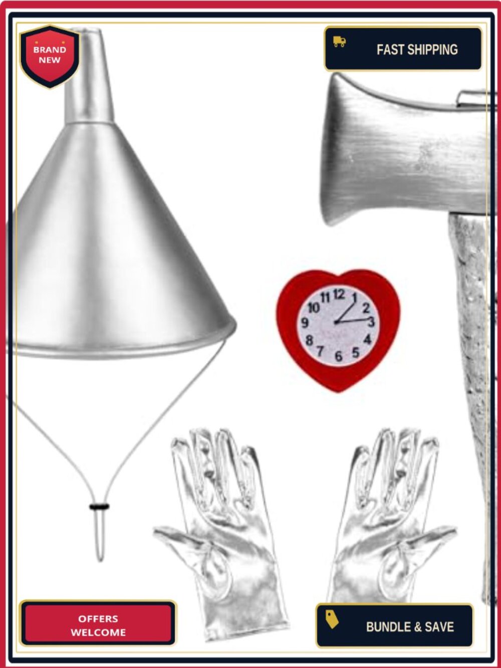 Tin Man Costume Accessory Set Funnel Hat Gloves Axe Heart Clock Halloween